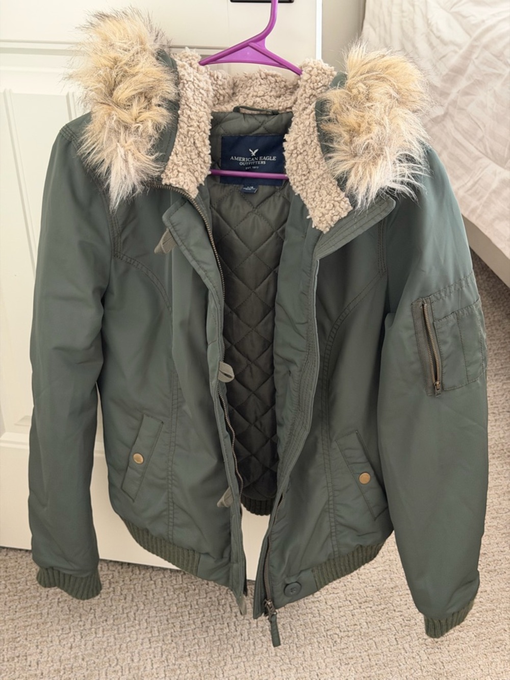 American Eagle Outfitters Olive Green Hooded Puffer Jacket with Faux Fur Trim